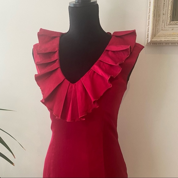 CUE Vintage Midi Dress Dark Red Ruffle Trim Cotton Viscose Elegant Classic 8 - Picture 3 of 7